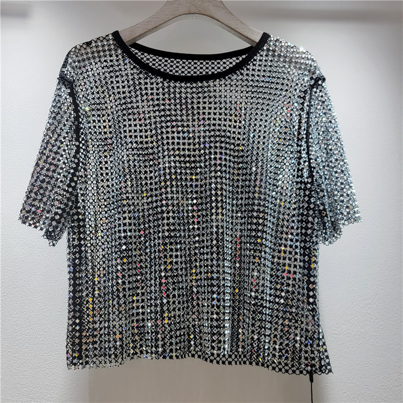 Nuevos productos europeos industria pesada caliente sensación de hielo estrella de diamante de cuello redondo camiseta de manga larga camiseta de perspectiva hueca camiseta