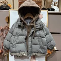 韓国版の子供用冬用ジャケット、中型および大型の子供用厚みのあるフード付きジャケット、子供用防風性と暖かい綿の服、華やかな花のファッションブランド