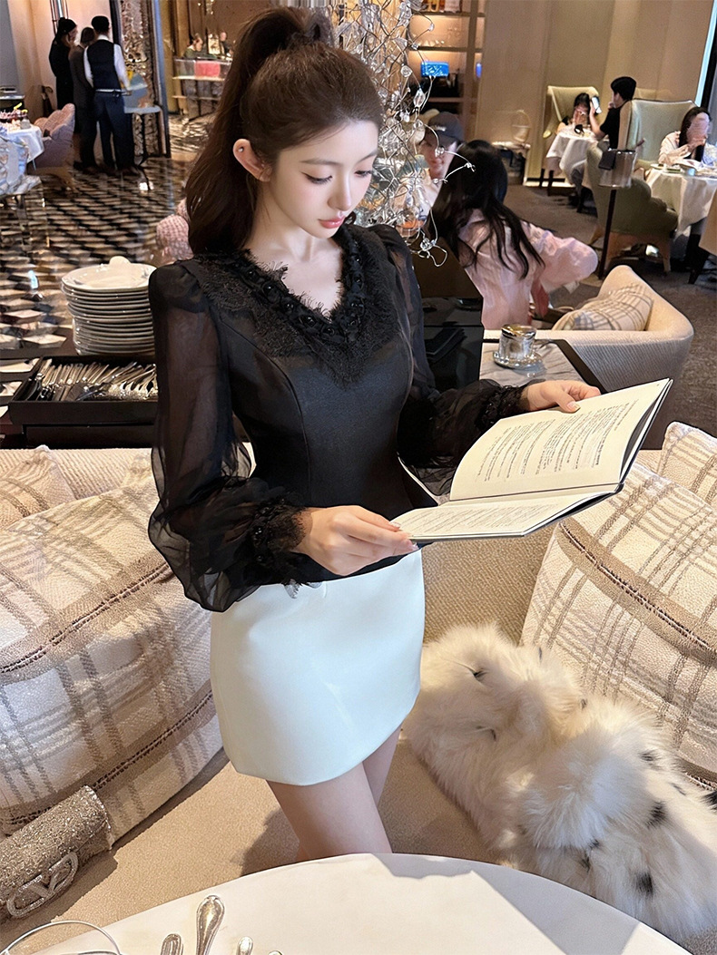 Áo nữ tay bồng lưới voan phối ren, thiết kế ôm sát tôn dáng — đen chi tiết 4