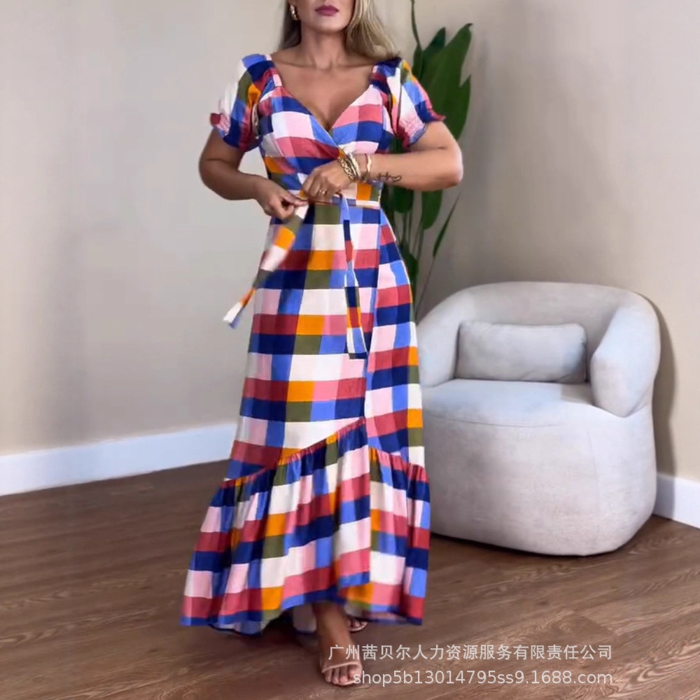 ODF4539女装格纹v领裹胸式绑带收腰荷叶边拼接度假休闲连衣裙