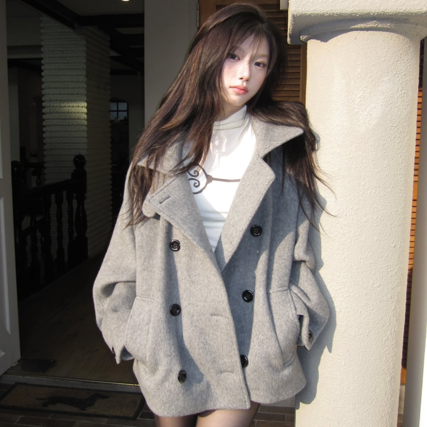 동대문 인스 스타일 다용도 따뜻한 루즈핏 더블 버튼 후드 모직 그레이 시리즈 일본 스타일 코트 겨울용