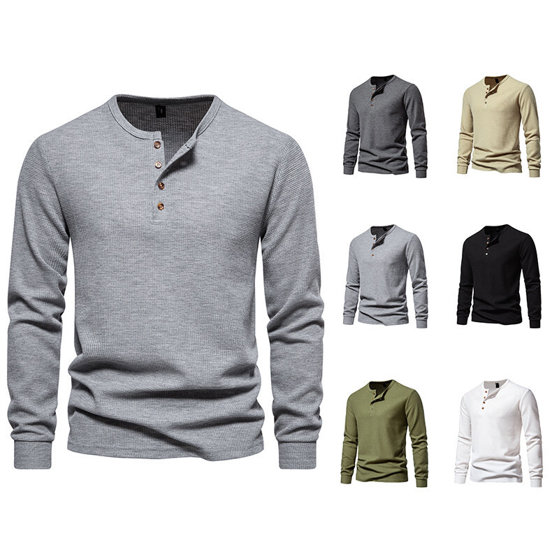 Amazon 2025 Export New Men's T-Shirt Waffle Henley Collar Top Fashionable European Size Long-Sleeved T-Shirt for Men