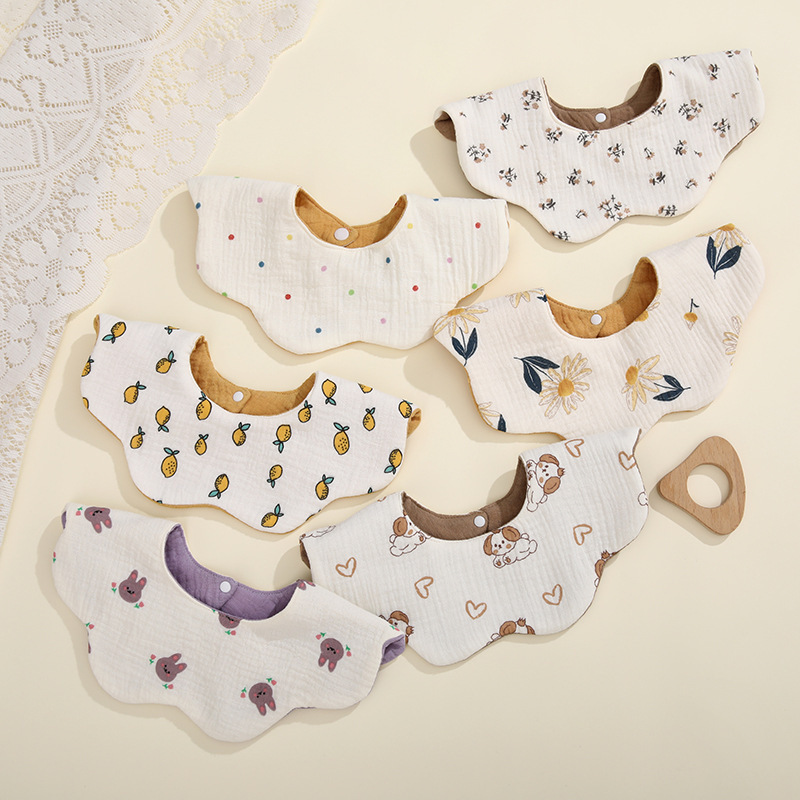 6-Layer Waterproof Korean-Style Baby Saliva Towel, Pure Cotton Gauze, Infant and Toddler Rotatable Petal Bib, Reversible