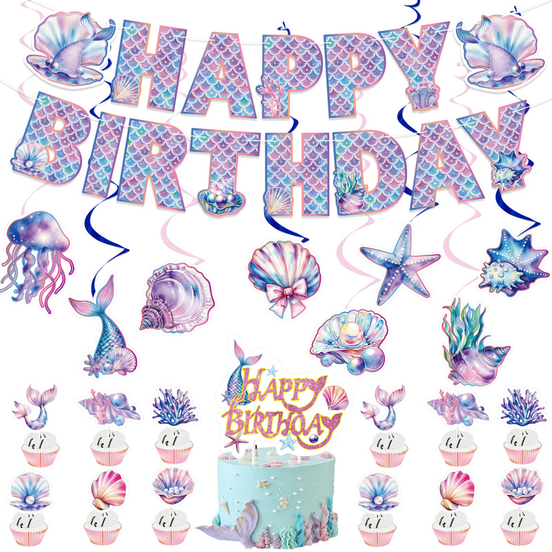 Mermaid Spiral Charms Party Decoration Banner Pull Flag Cake Fork Spiral Charms Ocean Theme Jellyfish Seahorse