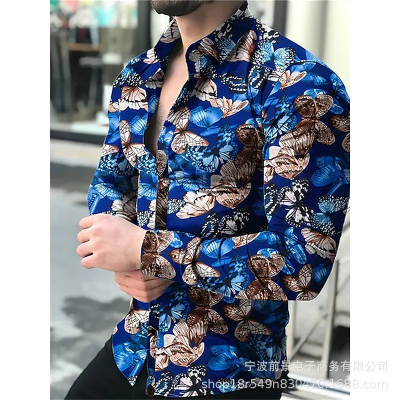 2025wish AliExpress 新しいメンズ 3D デジタルプリント長袖シャツ春メンズラペルスリムトップ|undefined