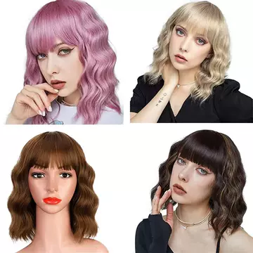 Water wave pattern Short Wig European and American wig short wave head wave curl color air bangs shoulder hair awning loose - ShopShipShake