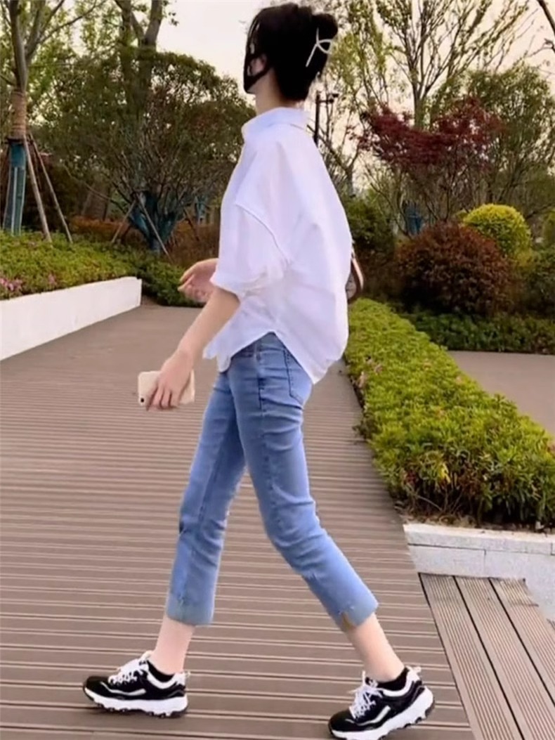 Áo sơ mi nữ cotton mùa hè tay lỡ phong cách Hàn Quốc — Màu xanh lam nhạt chi tiết 6