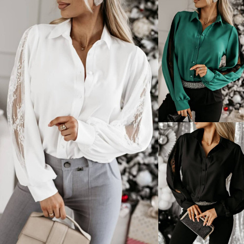 European and American Amazon 2024 Spring New Women's Long-sleeved Tops Lapel Buttoned Lace Splicing Shirt Women's Shirt