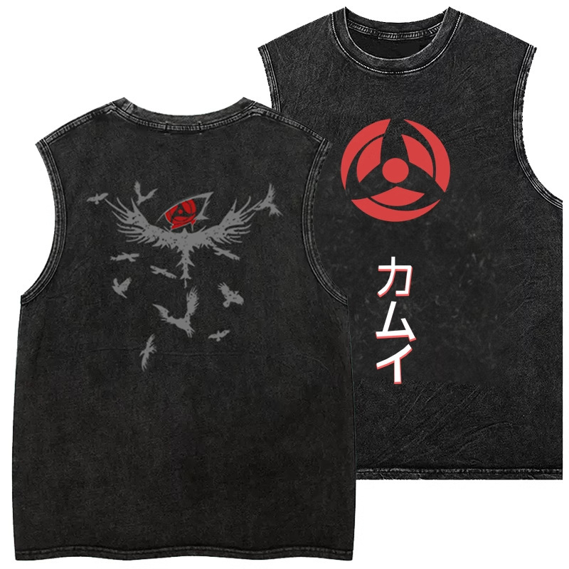 2025 Naruto Anime Print Retro Washed Short-Sleeve Vest Fashion Loose Round Neck Sleeveless T-Shirt for Men and Women