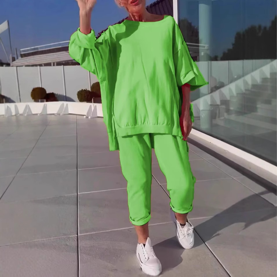 Women's Casual Solid Color Round Neck Long Sleeve Top And Sports Pants Set_ecoleips.com