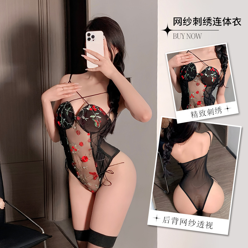 섹시한 란제리 섹시한 잠옷 유혹 메쉬 수 놓은 원근감 얇은 점프 수트 순수한 욕망 열정 무료 세트 여성