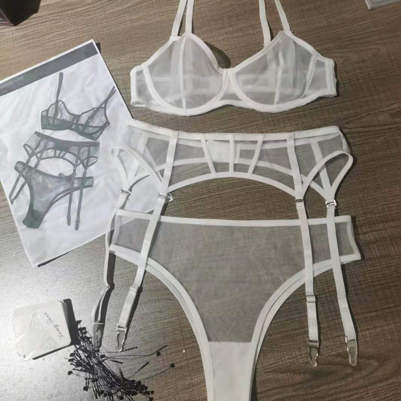 Nouvel ensemble de soutien-gorge sexy perspective, lingerie amusante pour femmes, soutien-gorge ultra-fin, porte-jarretelles, ensemble trois pièces_voghion.com