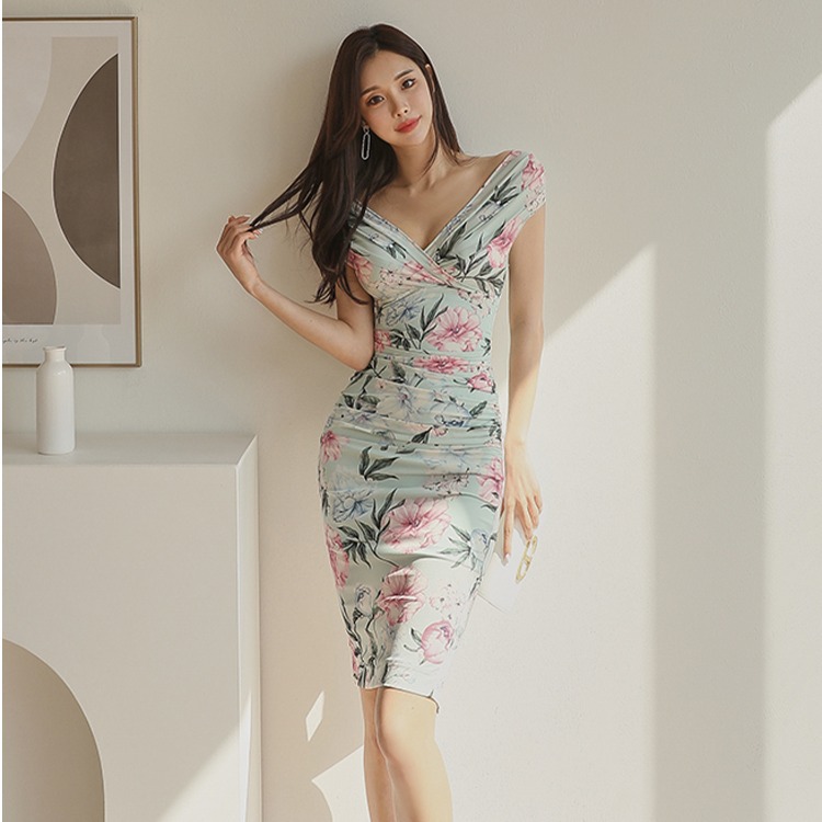 夏の韓国版の名媛vネックの袖なしのタイトなドレスのスカートの女性の味の修身のしわのセクシーな包みの尻のワンピースの女性