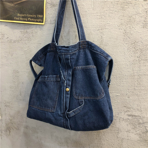 Korean women's Ins fashion versatile denim bag, simple large capacity canvas student school single shoulder crossbody bag