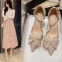 2022新款中空一字帶水鑽蝴蝶結婚鞋細跟尖頭包頭時尚高跟女涼鞋