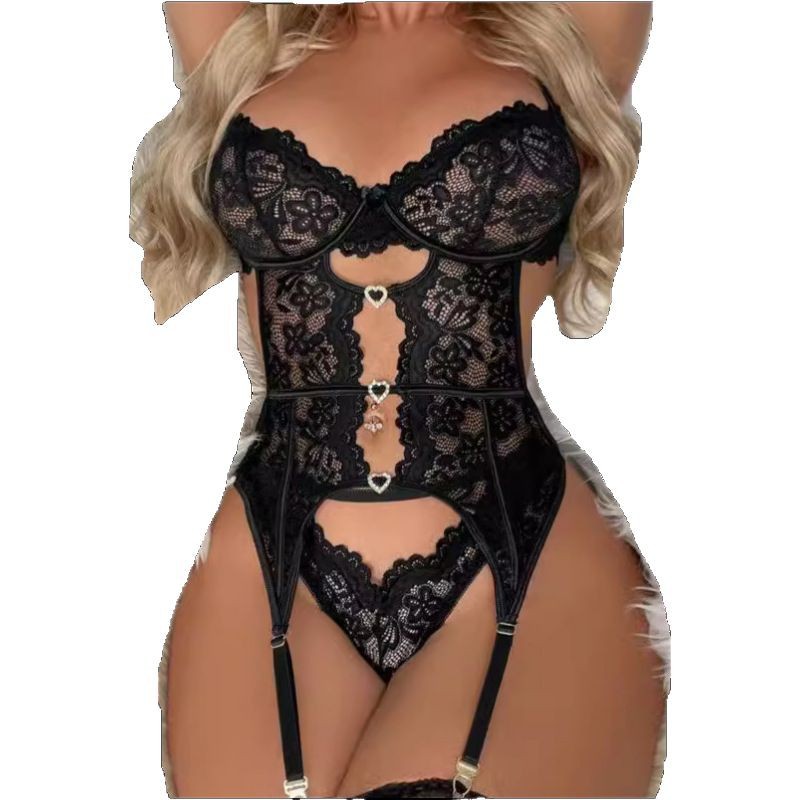 Conjunto de lingerie feminina de renda com cinta-liga - Roupa íntima elegante para momentos especiais._voghion.com