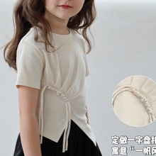 韩版短袖T恤女童套装夏季新款国风不规则显瘦新中式上衣阔腿长裤