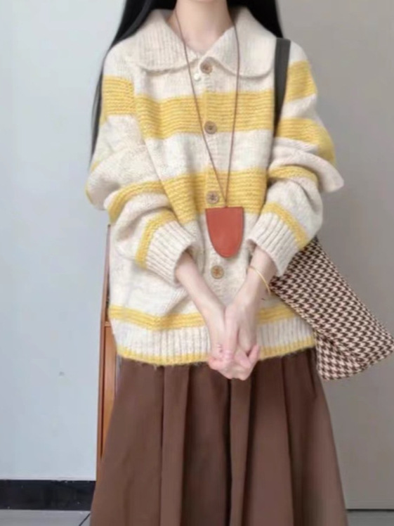 黄色针织衫条纹毛衣女款2025秋季新款氛围感穿搭时尚半身裙套装女|undefined