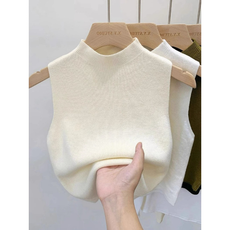 Half Turtleneck Knitted Vest for Women Summer Korean Style 2024 New Slim Fit Outer Wear Sleeveless T-Shirt Top