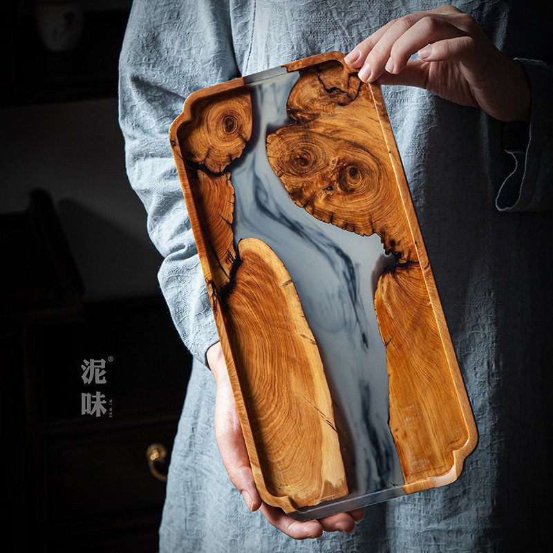 Bandeja de té de mesa de burbujas secas de tinta Zen Thuja japonesa transfronteriza, bandeja de madera, almohadilla aislante para el hogar, olla con resina simple retro