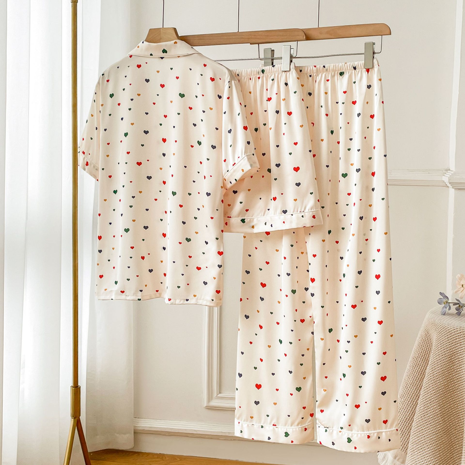 Pijama de seda fría con estampado de corazones, set de 3 piezas, ligero para verano
