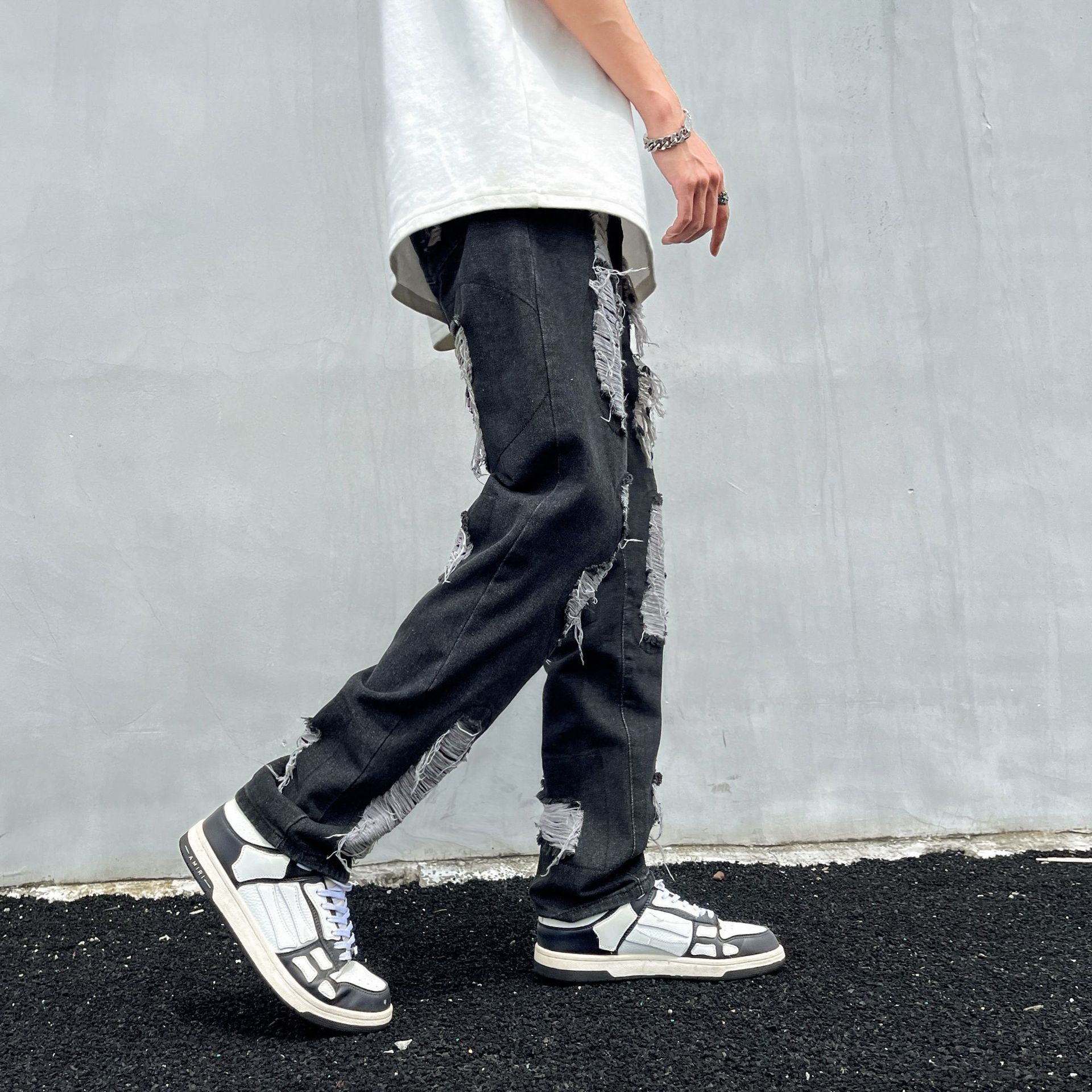 Tie-Dye Ripped Jeans For Men And Women American High Street Vintage Washed Slim Fit Flared Pants_mkmklike.com