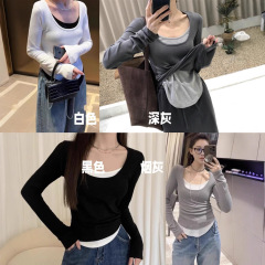 コントラストカラーのフェイクツーピース長袖スリムTシャツレディースデザイン韓国風Uネックボトリングシャツ燕尾アーク裾