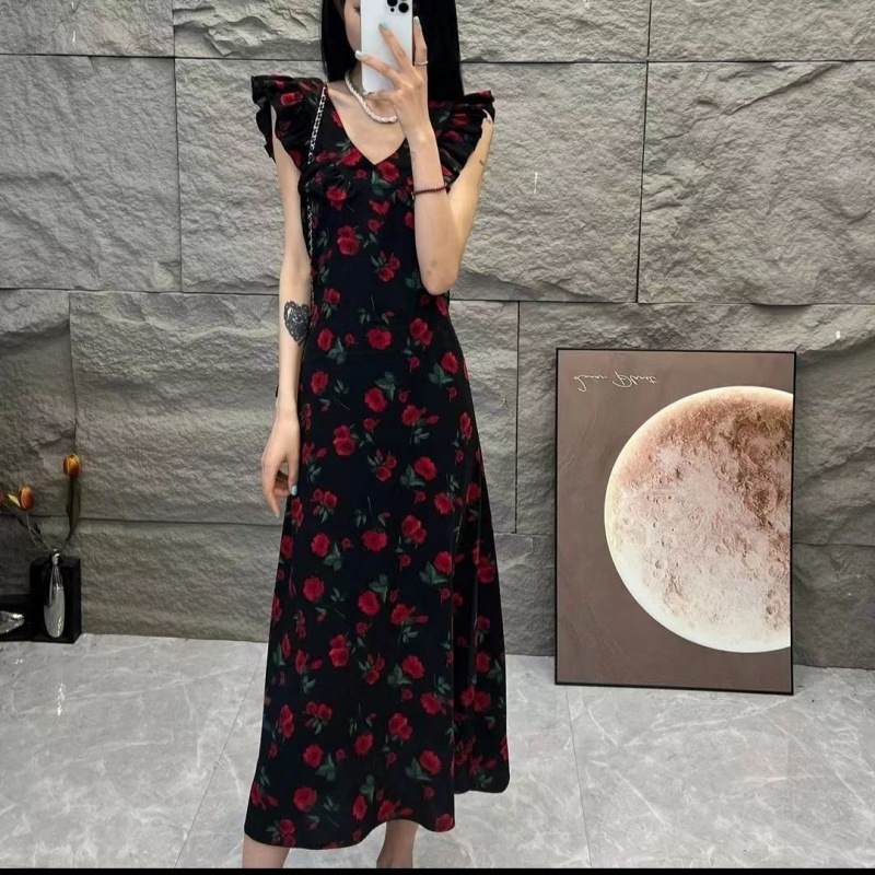 フロントとバックのツーピース花柄ドレス女性 2025 夏新フレンチスタイルウエスト小さなフライングスリーブ|undefined