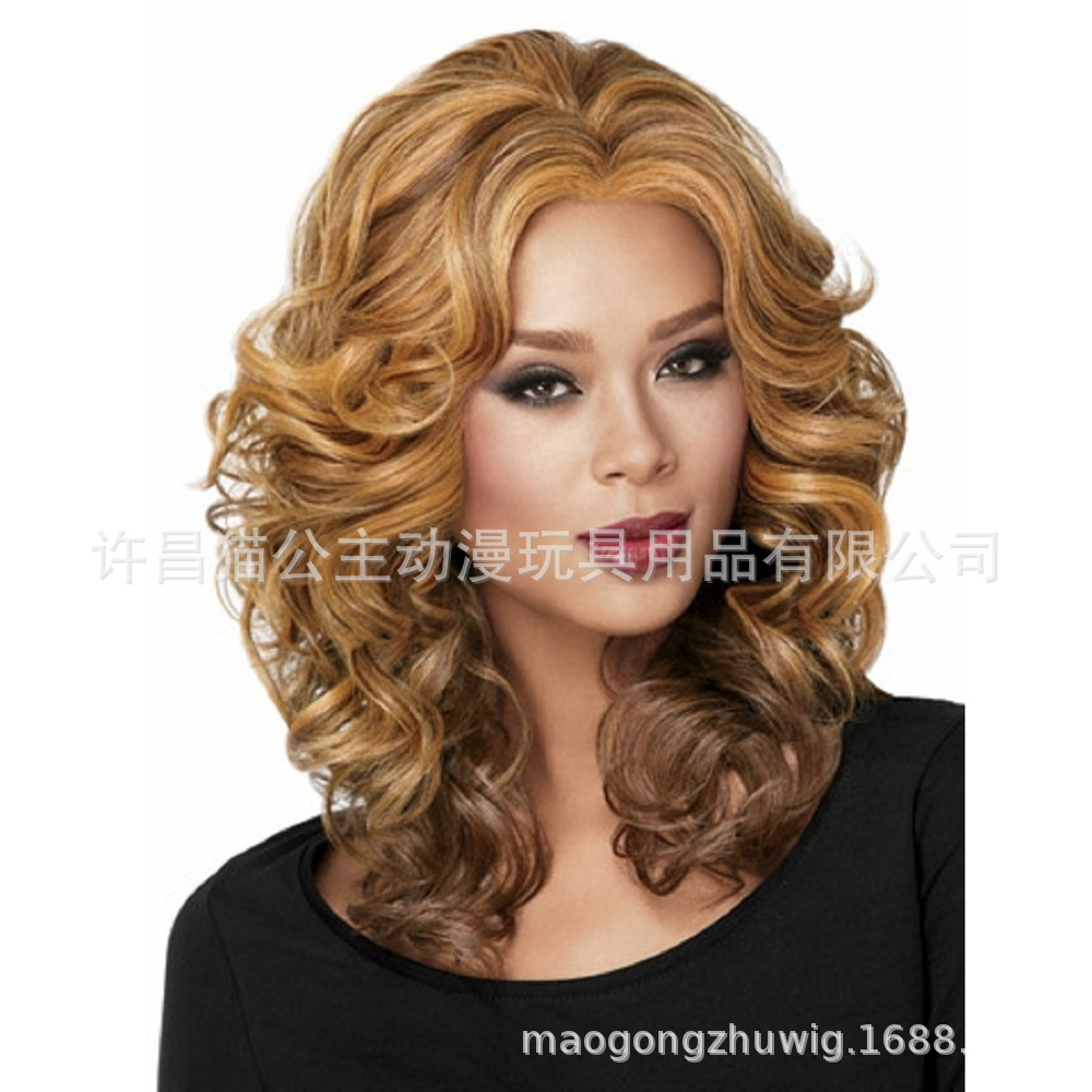 Factory in stock foreign trade women's head cover African wig golden brown fluffy small curl hairstyle long curly hair