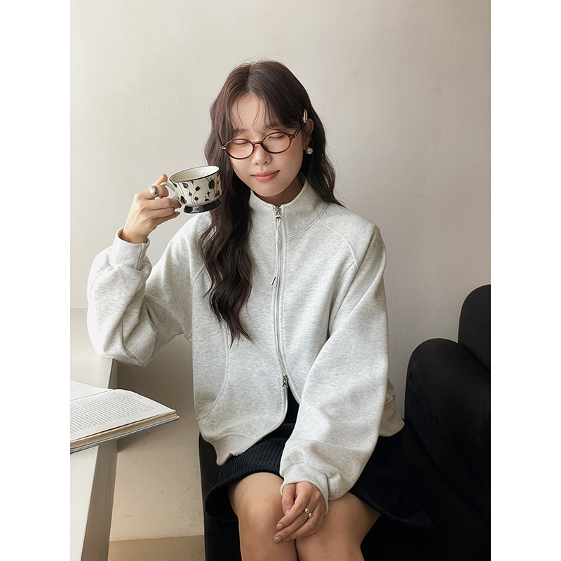 【登机私服】歌铭纯色简约立领双拉链卫衣女秋季新款短外套W564C|undefined
