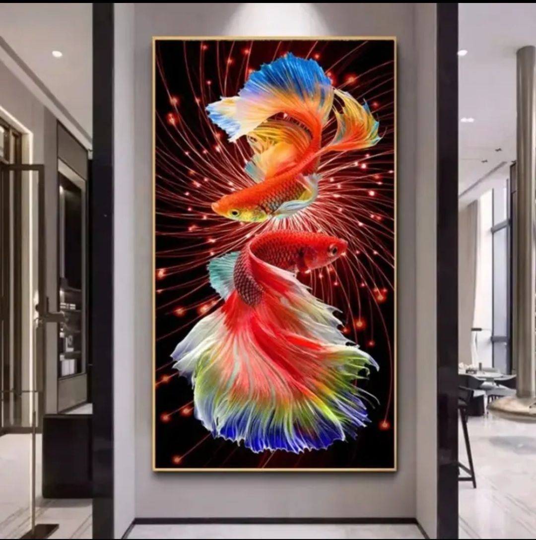 Punto de Cruz Real de la Mona Lisa, Doble Koi Rojo Fuego, Colección Popular para Sala de Estar, Pintura Decorativa de Estilo Chino, Versión Vertical, Bordado Hecho a Mano