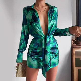 2024欧美外贸跨境女装亚马逊独立站个性爆款印花衬衣款连衣裙