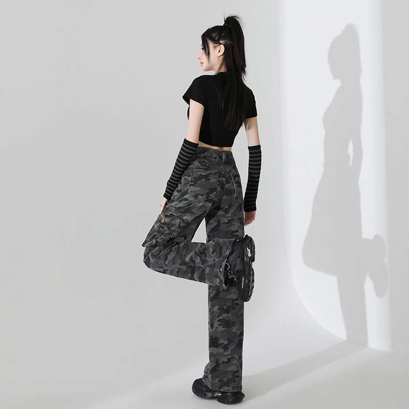 包邮春季美式休闲迷彩阔腿工装多袋裤女代发|undefined