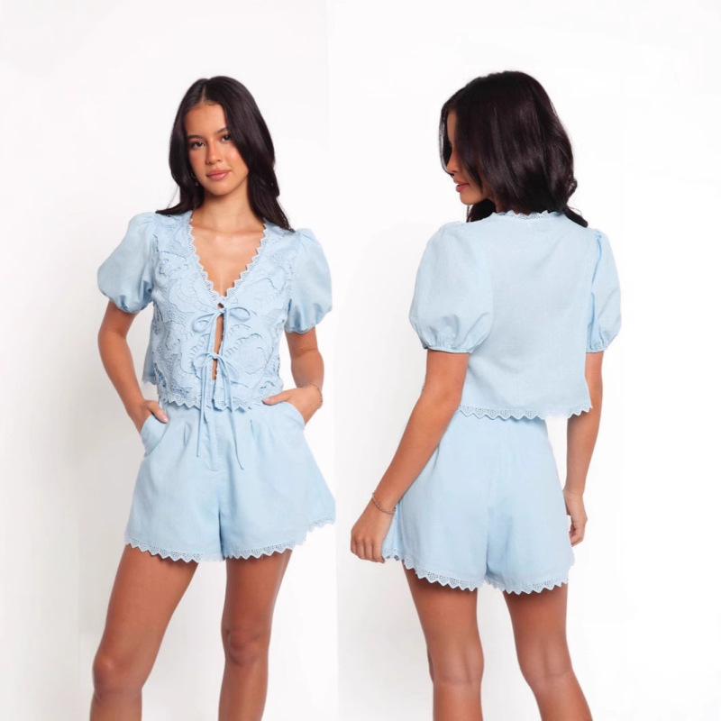 Cross-Border European and American Women's Clothing 2025 New Style Elegant V-Neck Tie Bow Puff Sleeve Top Casual Shorts Set Cross-Border European and American Women's Clothing 2025 New Style Elegant V-Neck Tie Bow Puff Sleeve Top Casual Shorts Set