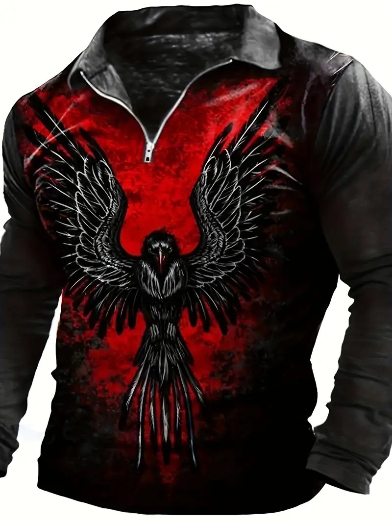 Estación independiente transfronteriza comercio exterior Hell Eagle impresión 3D hombre calle salvaje suelta manga larga cremallera camisa POLO