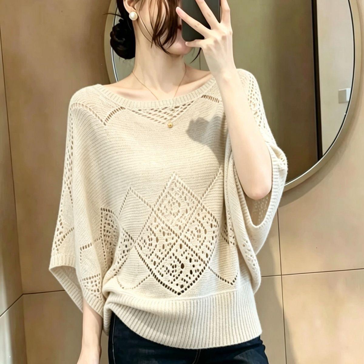 胖mm温柔风提花镂空针织衫女早秋新款时尚宽松遮肉显瘦蝙蝠袖上衣