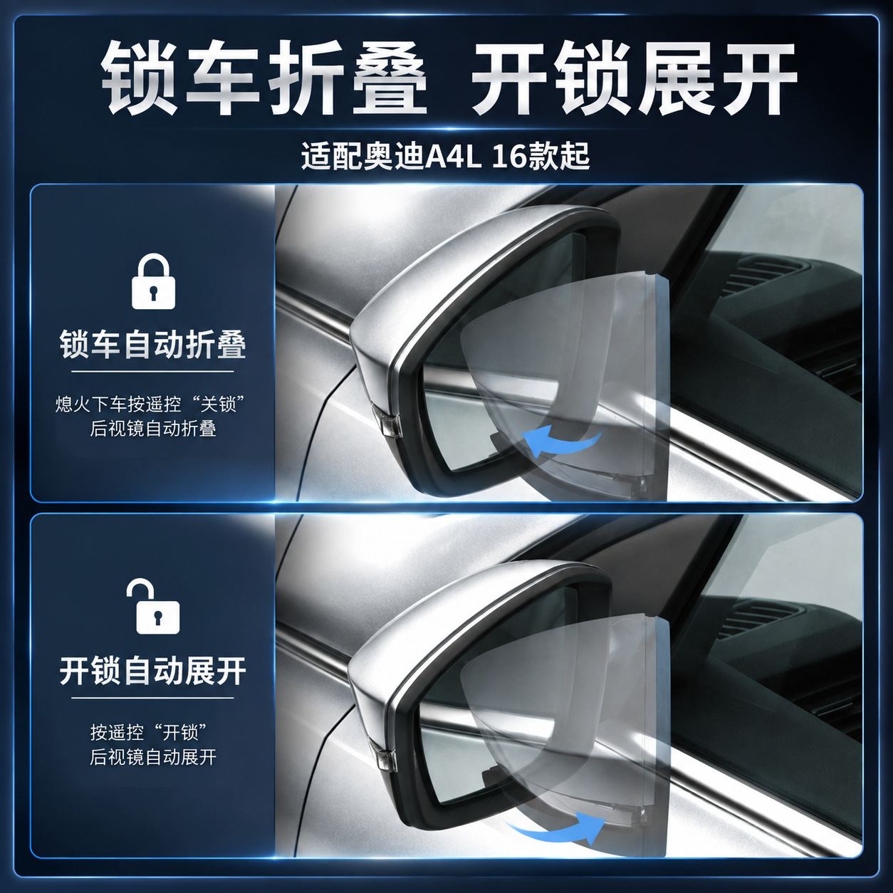 Suitable for Audi A4L (2016 onwards): Electric folding rearview mirror upgrade kit, including locking and unlocking functions, for convenient use