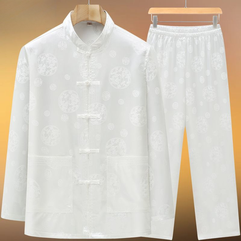 Spring and Autumn Middle-Aged and Elderly Men's Summer Long-Sleeve Thin Ice Silk Tang Suit Chinese Style Grandpa Hanfu Set Order
