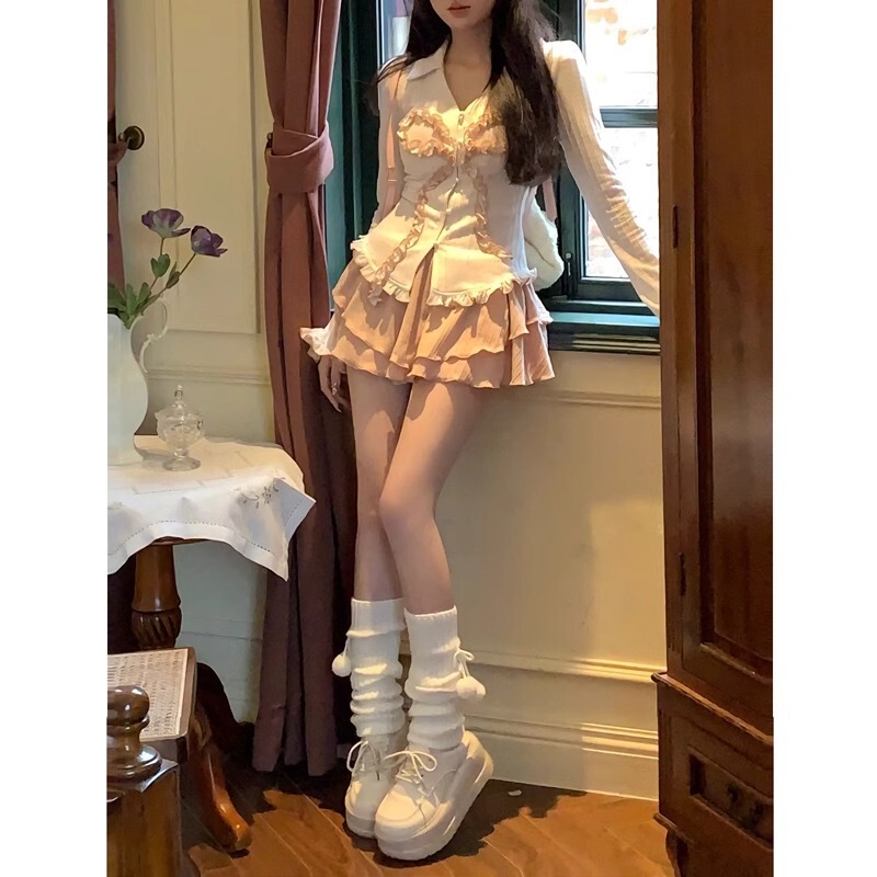 纯欲风套装女2025春秋季新款可爱甜美蕾丝蝴蝶结上衣+高腰半身裙|undefined