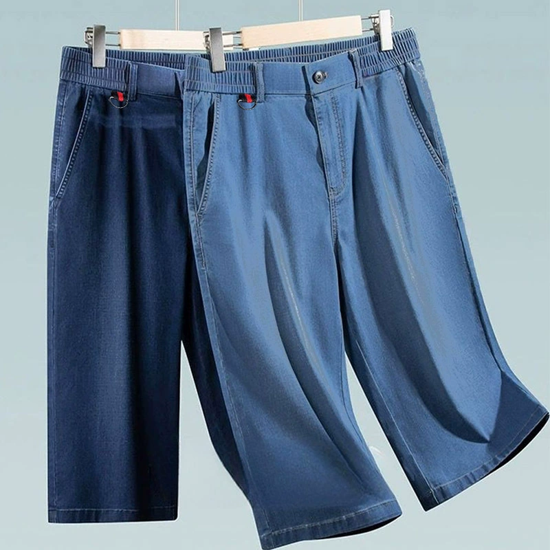 Укороченные джинсовые брюки выше колена, свободные эластичные мужские шорты среднего возраста, летние брюки, миниатюрные джинсы, полубрюки.