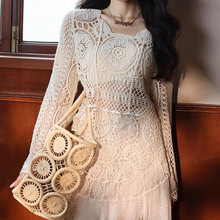 复古镂空蕾丝圆领针织罩衫女装2025春夏秋季别致气质上衣长袖 393