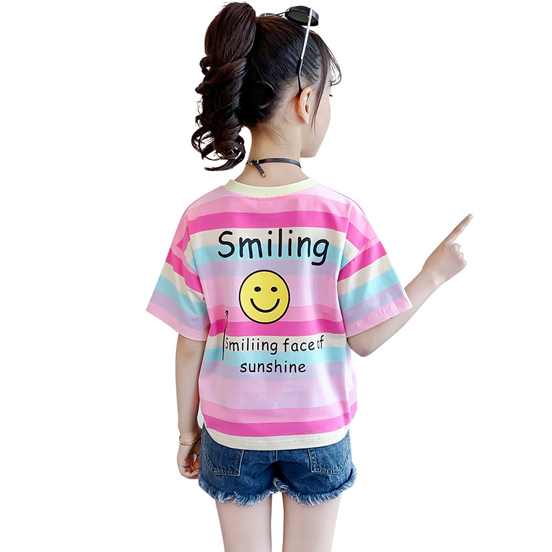 女童夏款T恤2022新款中大童条纹彩条短袖上衣棉质彩虹休闲体恤衫