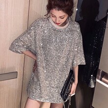 阿里巴巴批发网1688中长款亮片短袖T恤女网红ins亮闪闪半袖体恤新
