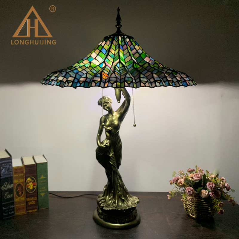 Huijing Tiffany 20-inch Green Alien European Simple Style Beauty Base Large Table Lamp Creative Retro