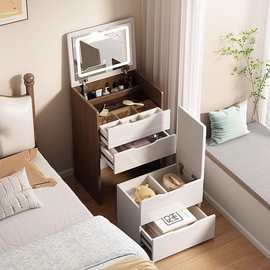 现代简约镜子可隐藏翻盖梳妆台窄小户型网红带灯床头柜化妆桌一体