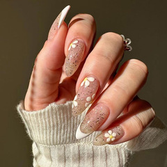 Almond-shaped white French-style colorful sparkling floral artificial nails, sweet and youthful, fresh artificial nail set