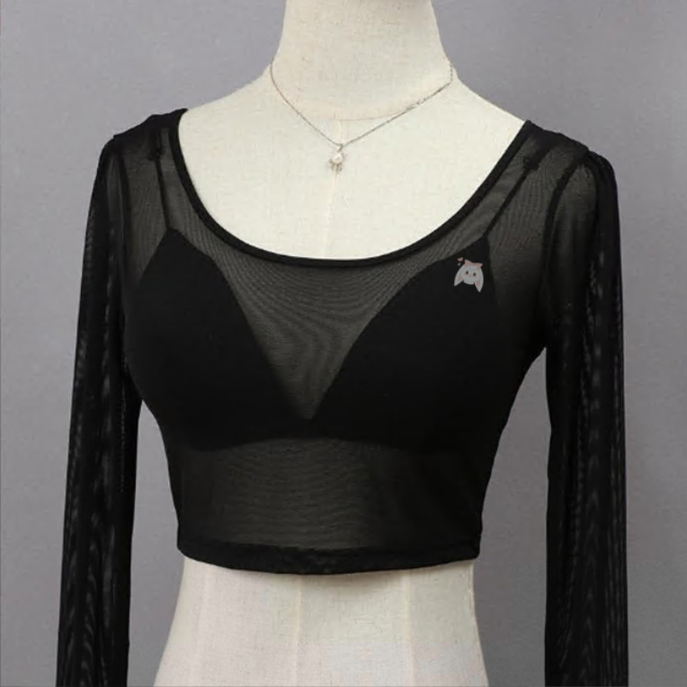 Mesh Base Layer Shirt for Women, Long-Sleeved, Black Sheer Transparent Tight-Fitting Inner Top, Half-Sheer Lace Top, Vintage Style