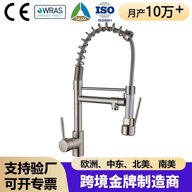 Foreign trade spring double tap cross-border hot and cold water brass nickel wire drawing American rotating stretch sink faucet