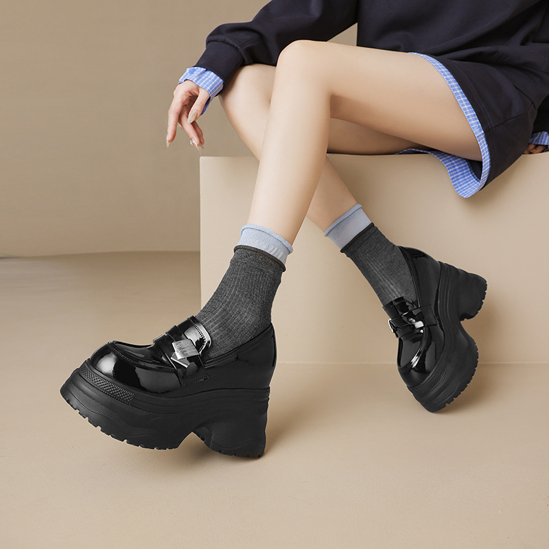 Giày lười nữ tăng chiều cao 12cm đế dày da sáng chế mũi vuông phong cách loafer — đen, Màu trắng nhạt