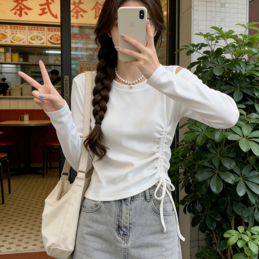 Autumn Long-sleeved T-shirt Women's Slimming Base Shirt Drawstring Inner Base Shirt Slim-fit Slimming Irregular Short Top